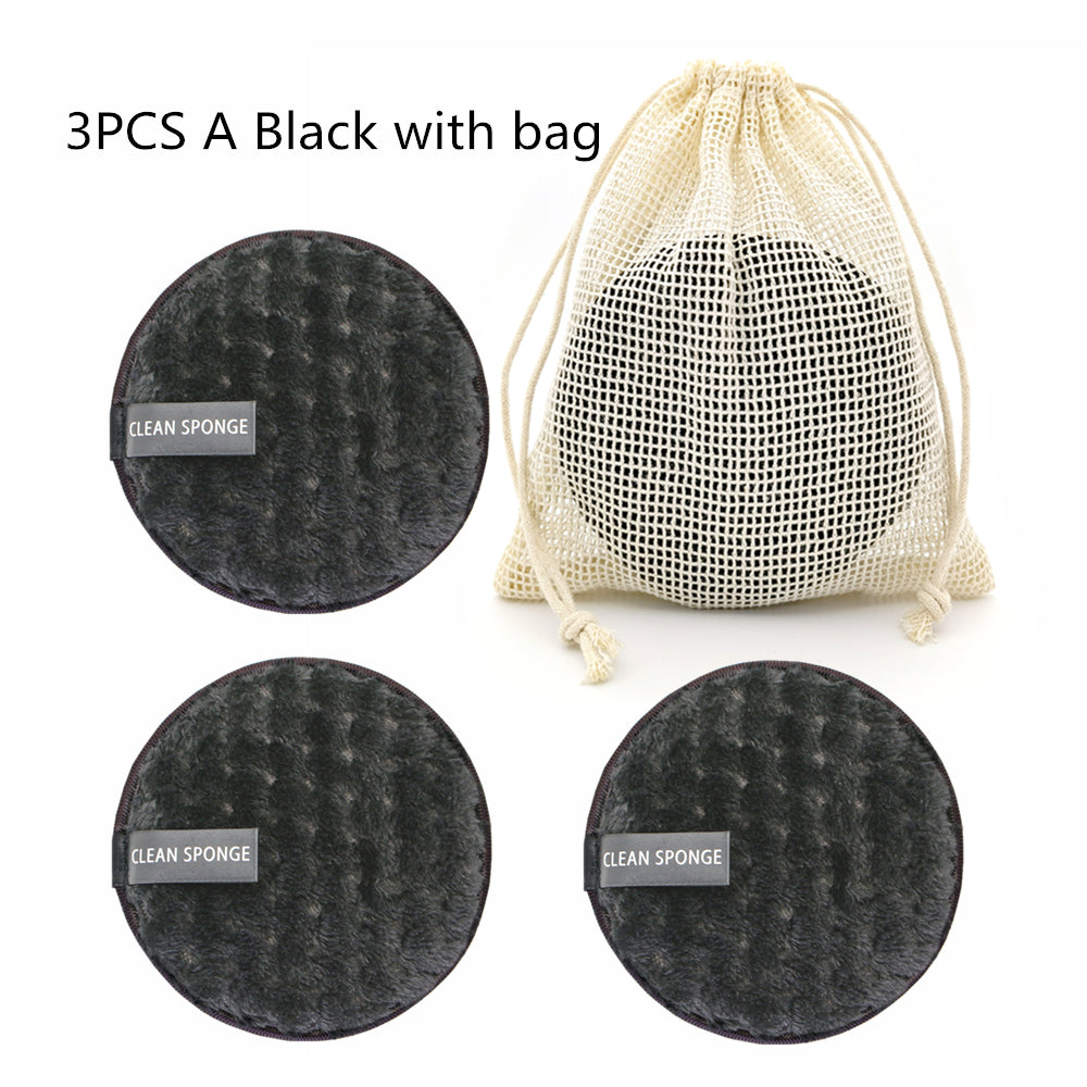 Reusable cleansing puff — A Set; 3 cleansing puffs (black, black, black) + 1 mesh storage bag