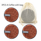 Reusable cleansing puff — D Set; 3 cleansing puffs (coffee, coffee, coffee) + 1 mesh storage bag
