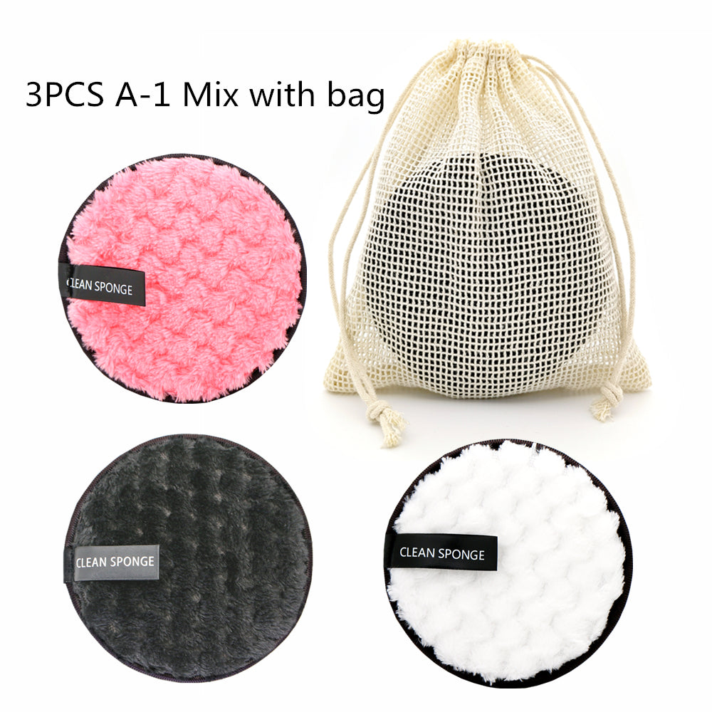 Reusable cleansing puff — E Set; 3 cleansing puffs (pink, black, white) + 1 mesh storage bag