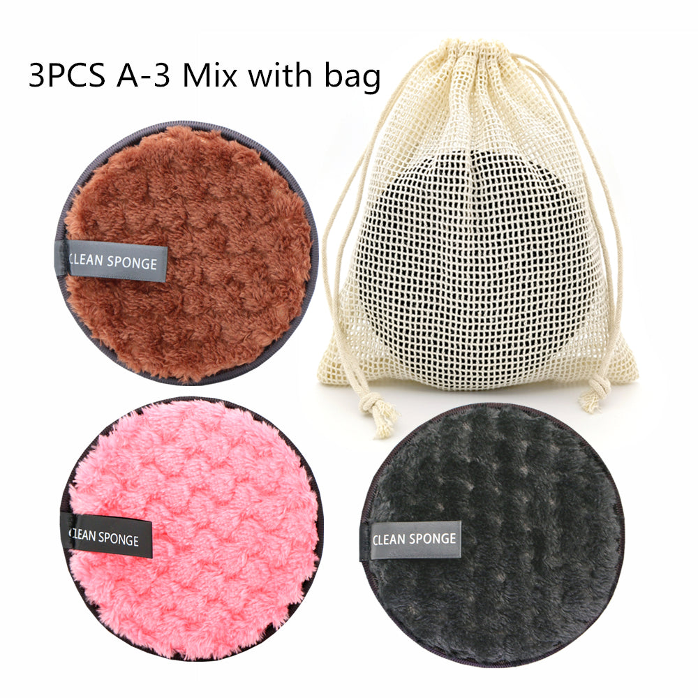Reusable cleansing puff — F Set; 3 cleansing puffs (coffee, pink, black) + 1 mesh storage bag