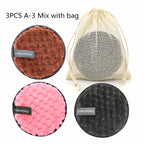 Reusable cleansing puff — F Set; 3 cleansing puffs (coffee, pink, black) + 1 mesh storage bag