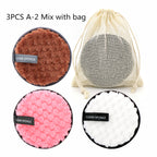 Reusable cleansing puff — G Set; 3 cleansing puffs (coffee, pink, white) + 1 mesh storage bag