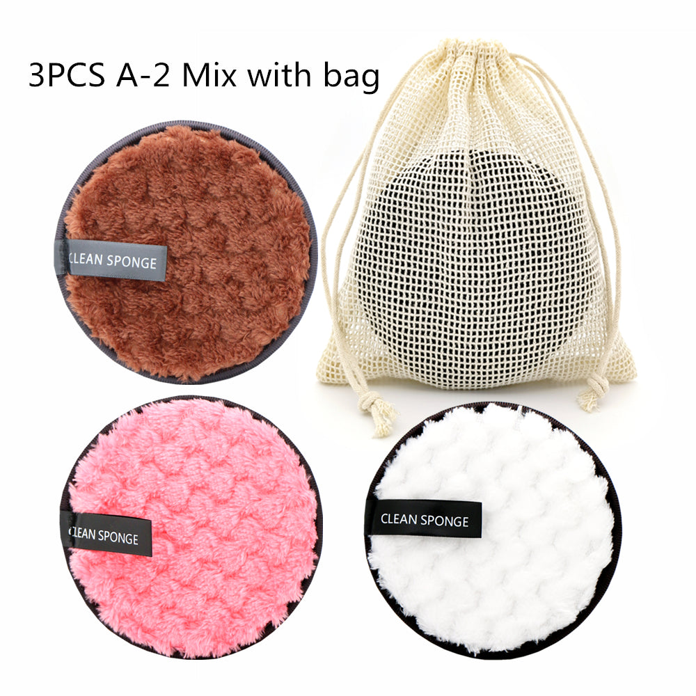 Reusable cleansing puff — G Set; 3 cleansing puffs (coffee, pink, white) + 1 mesh storage bag