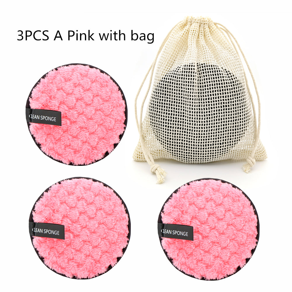 Reusable cleansing puff — C Set; 3 cleansing puffs (pink, pink, pink) + 1 mesh storage bag