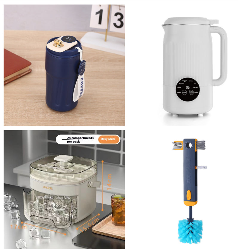 Temperature-display bottle — Set1-450ml; 1 navy 450 ml temperature-display bottle + 1 white 450 ml temperature-display bottle + 1 square glass drink bottle + 1 bottle-cleaning brush