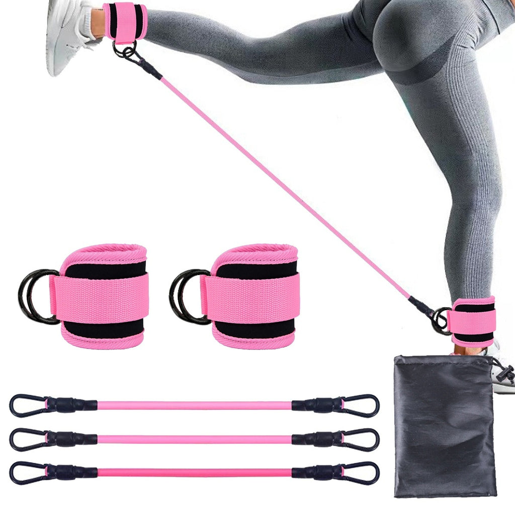 Ankle resistance training kit — Pink Three Black Buttons; 3 resistance tubes + 2 ankle cuffs + 1 storage bag, in the pictured buckle/color combination