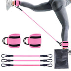 Ankle resistance training kit — Pink Three Black Buttons; 3 resistance tubes + 2 ankle cuffs + 1 storage bag, in the pictured buckle/color combination