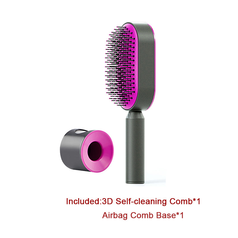 Air-cushion hairbrush — Set C; 1 rose-red press-clean brush + 1 rose-red base