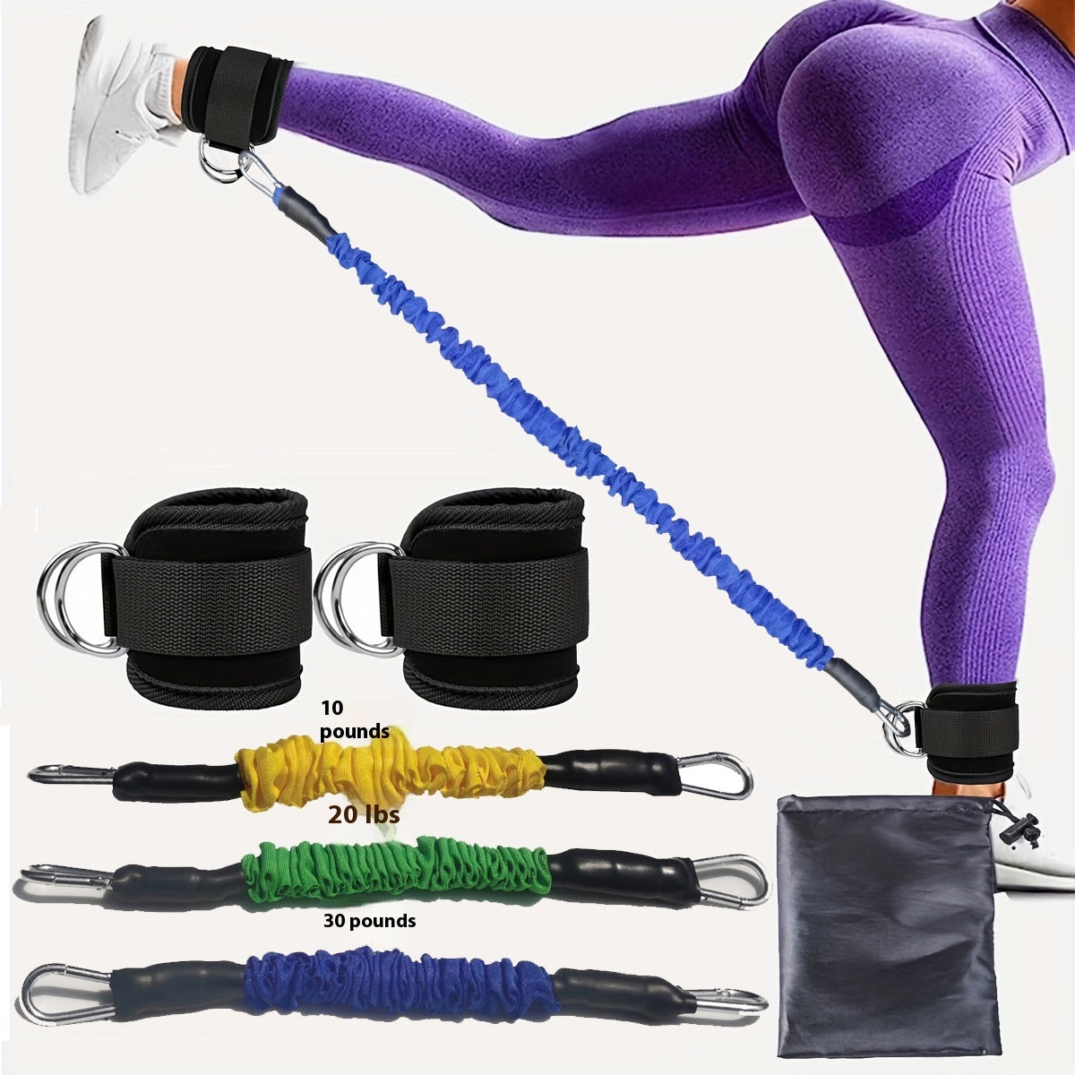 Ankle resistance training kit — Break proof 3color silver; 3 resistance tubes + 2 ankle cuffs + 1 storage bag, in the pictured buckle/color combination