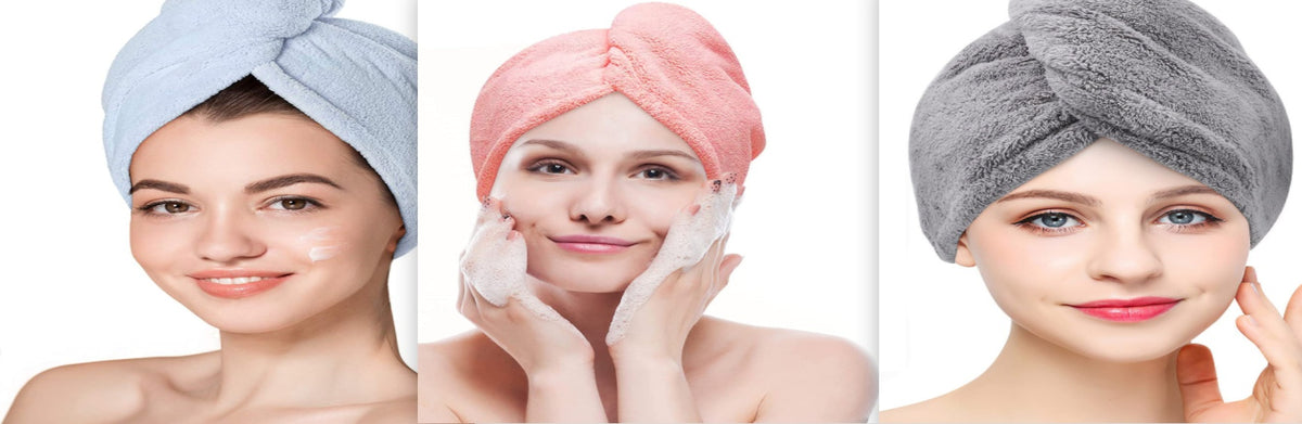 Fleece hair towel wrap — Set-25X70cm; 3 hair towel wraps: light blue, pink and grey, each 25 × 70 cm