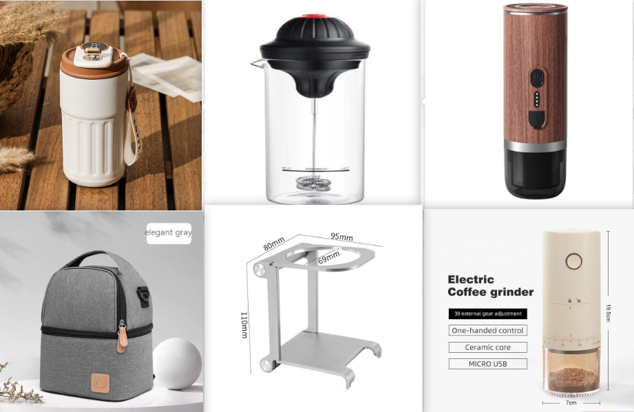 Temperature-display bottle — Set9-450ml; 1 white 450 ml temperature-display bottle + 1 manual citrus juicer + 1 wood-look electric grinder + 1 grey backpack + 1 folding laptop stand + 1 cream electric coffee grinder
