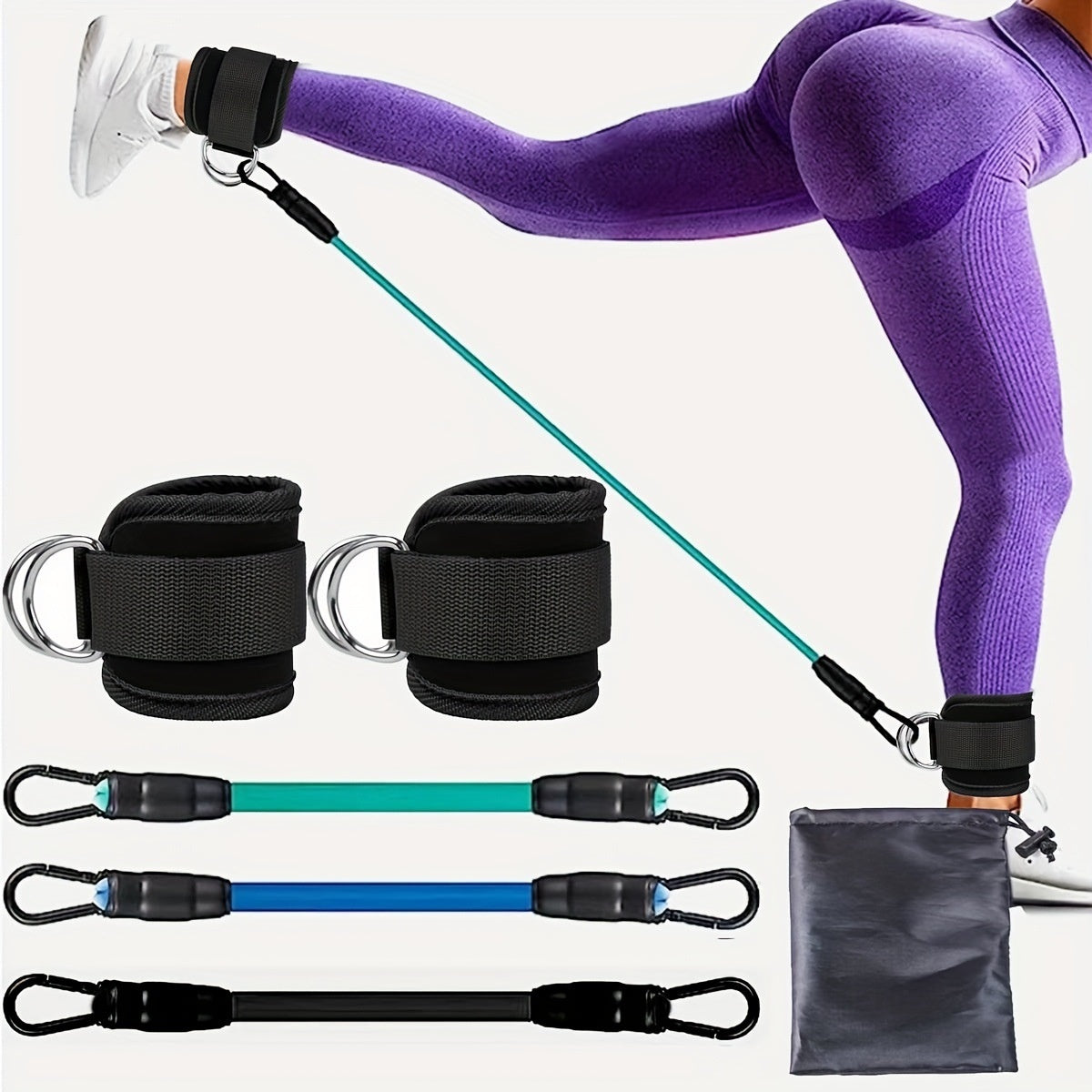 Ankle resistance training kit — Green Blue Black Silver Buckle; 3 resistance tubes + 2 ankle cuffs + 1 storage bag, in the pictured buckle/color combination