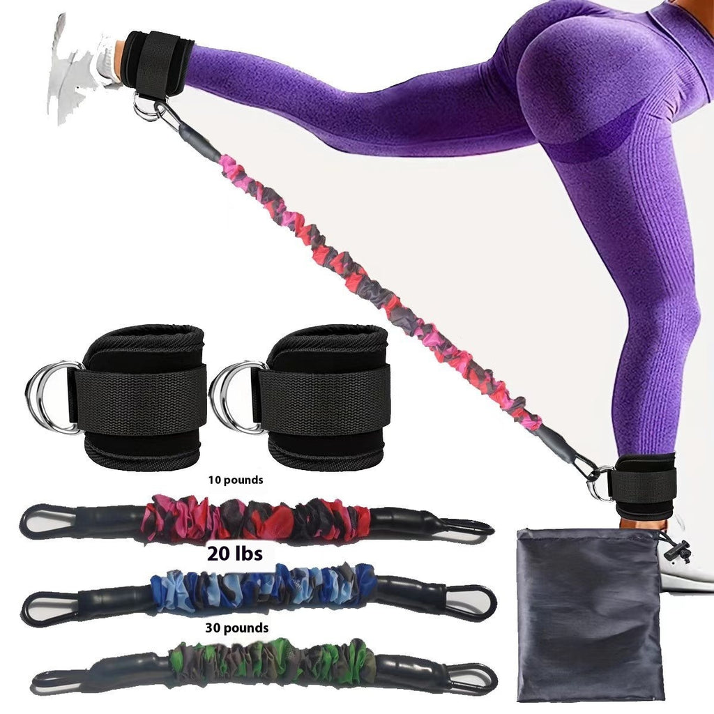 Ankle resistance training kit — Strong Resistance 3color; 3 resistance tubes + 2 ankle cuffs + 1 storage bag, in the pictured buckle/color combination