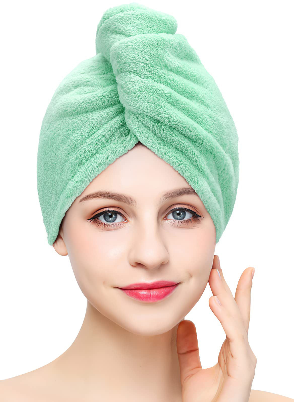 Fleece hair towel wrap — Light Green-25X70cm; Light Green-25x65cm; 1 hair towel wrap in the selected color and listed size