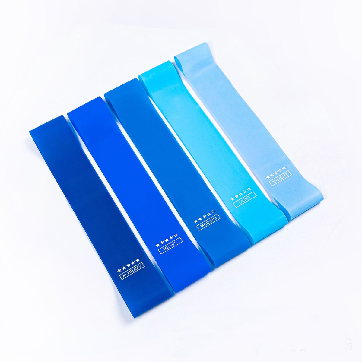 Gradient loop resistance band — Gradient blue five piece set; 5 loop resistance bands, one each of the supplier’s one- to five-star levels