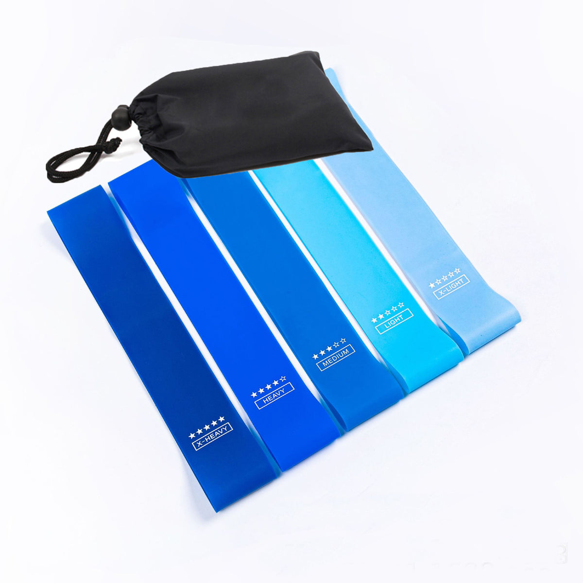 Gradient loop resistance band — Gradient blue five piece bag; 5 loop resistance bands, one each of the supplier’s one- to five-star levels, + 1 black carry bag