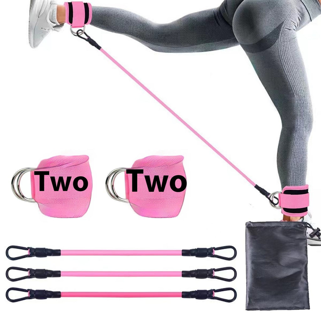 Ankle resistance training kit — Pink Three Silver Buckle; 3 resistance tubes + 2 ankle cuffs + 1 storage bag, in the pictured buckle/color combination