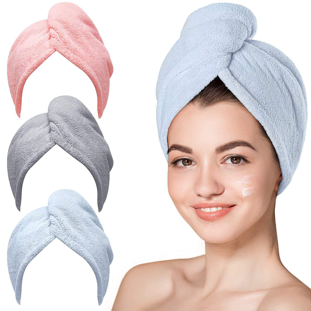 Fleece hair towel wrap — supplier grey and pink combination, 25 × 65 cm; pack quantity awaiting confirmation