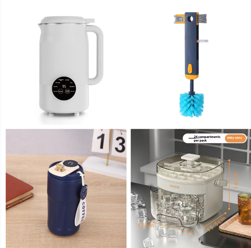 Temperature-display bottle — Set5-450ml; 1 white 450 ml temperature-display bottle + 1 navy 450 ml temperature-display bottle + 1 square glass drink bottle + 1 bottle-cleaning brush