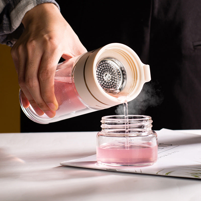 Glass tea-infuser bottle — supplier detail and usage photo
