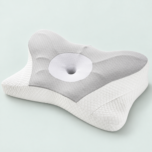 Contoured foam pillow — representative option in a coastal studio setting; choose options for exact contents.