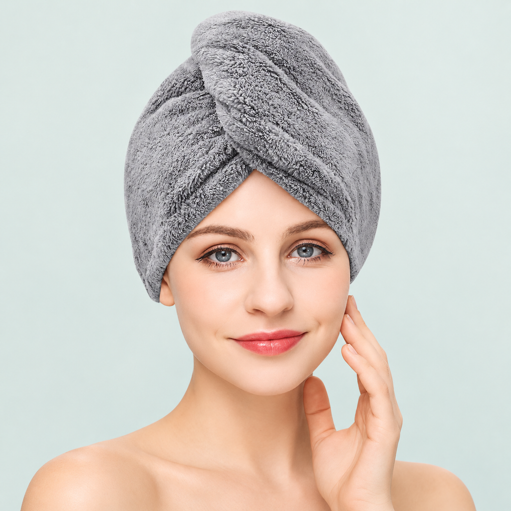 Fleece hair towel wrap — representative option in a coastal studio setting; choose options for exact contents.