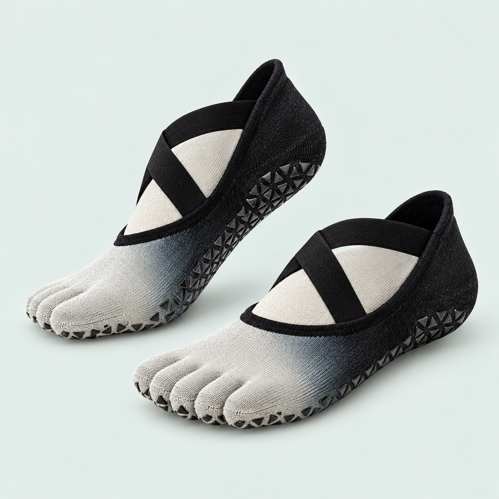 Full-toe studio grip socks — representative option in a coastal studio setting; choose options for exact contents.